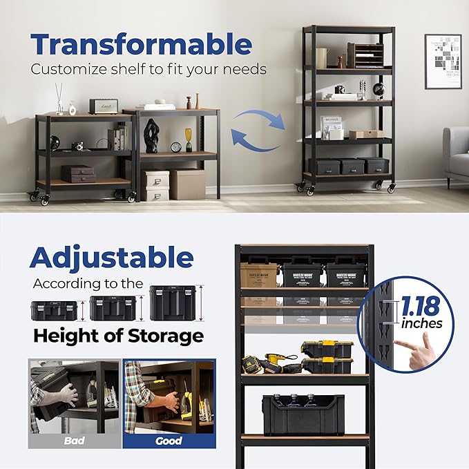 HOMEDANT House 5-Tier Metal Rolling Cart Shelf Rack Casters Heavy Duty Laminated Wheel Shelving Unit Adjustable Utility Storage Shelves Organizer Shelf Kitchen Garage (10, (M) 36.2" W, Black)