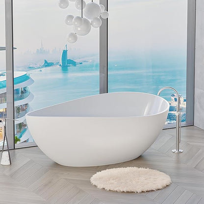 63" Freestanding Solid Surface Bathtub - Engineered Stone Resin Soaking Tub with Overflow & Pop-Up Drain, cUPC Certified Glossy White, 73-Gallon Capacity Deep Soak Tub Wavy for Modern Bathrooms