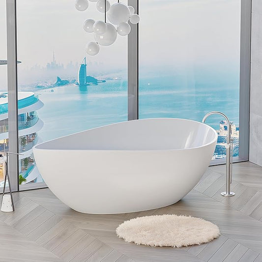 63" Freestanding Solid Surface Bathtub - Engineered Stone Resin Soaking Tub with Overflow & Pop-Up Drain, cUPC Certified Glossy White, 73-Gallon Capacity Deep Soak Tub Wavy for Modern Bathrooms