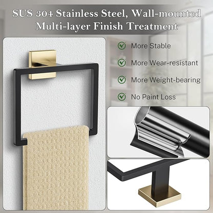 2-Piece Black Gold Towel Ring,Hand Towel Holder,Modern Towel Holder Stainless Steel Towel Rack Wall-Mounted Bathroom Towel Ring