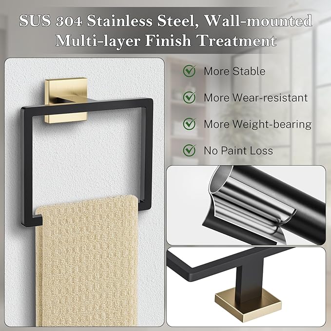 Black and Gold Towel Ring Square Hand Towel Holder Towel Hanger Bathroom Hardware Accessories Stainless Steel Wall-Mounted Towel Rack