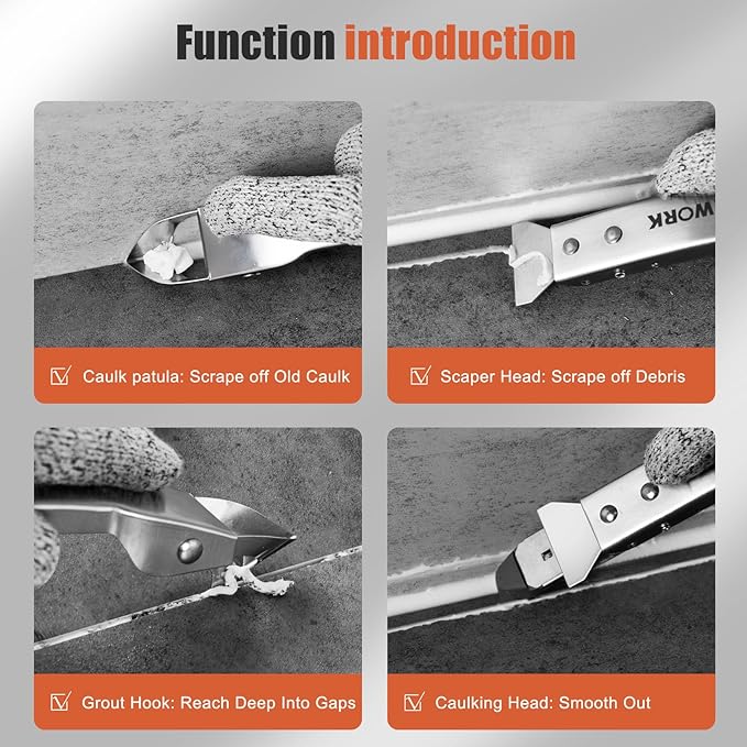 Caulking Tool Kit, Matework Stainless Steel Caulk Remover Caulking Tool Set with Cut Resistant Gloves, Scraper, Silicone Caulking Tools, 4 in 1 Caulking Finishing Tool for Bathroom Kitchen Living Room