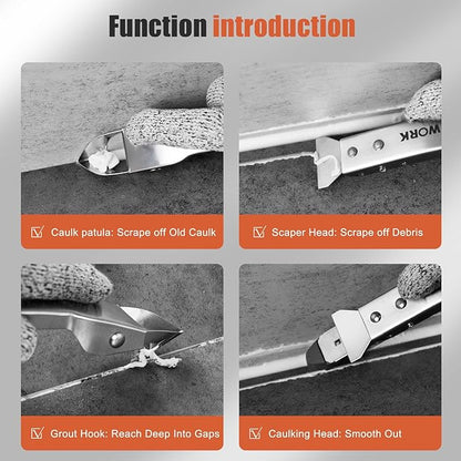 Caulking Tool Kit, Matework Stainless Steel Caulk Remover Caulking Tool Set with Cut Resistant Gloves, Scraper, Silicone Caulking Tools, 4 in 1 Caulking Finishing Tool for Bathroom Kitchen Living Room