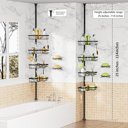 Corner Shower Caddy + 2 Soap Holders, 4 Tier Shower Caddy Tension Pole Stainless Steel Black, Extends 25-114.2 Inches, for Bathroom Organizers and Storage, Renter-Friendly and Gift Idea