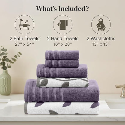 Modern Threads Organic Vines 6-Piece 100% Cotton Towel Set – Yarn Dyed Jacquard & Solid – Includes 2 Bath Towels, 2 Hand Towels, 2 Washcloths – Absorbent, Quick Dry, Soft & Durable – Lavender