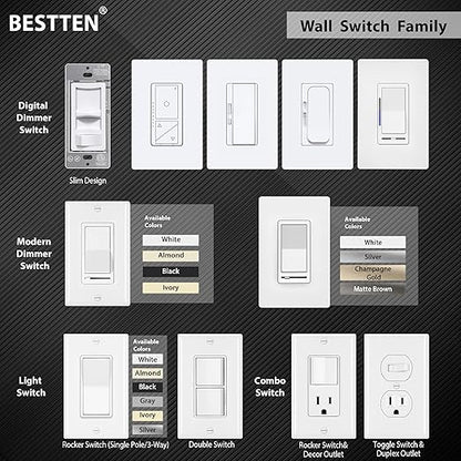 BESTTEN 10 Pack Single Pole Decorator Light Switch with Wallplate, 15A 120/277V, Rocker Paddle Wall Switch, On/Off Interrupter for LED and Other Lamps
