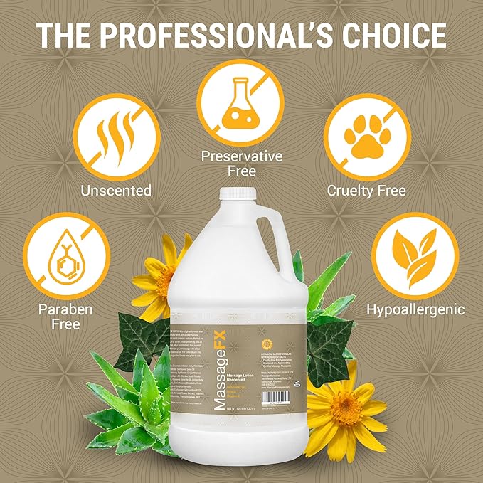 Massage FX Unscented Massage Lotion, 1 Gallon - Soothing Formula Provides Smooth Extended Glide - Non Sticky Formula Easy Glide Smooth Touch with Natural Botanicals for Ultra Spa Experience