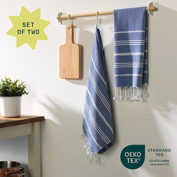 WETCAT Turkish Hand Towels with Hanging Loop, Set of 2 (20" x 30") 100% Turkish Cotton, Pre-Washed, Quick Drying, for Kitchen or Bathroom - Navy Blue