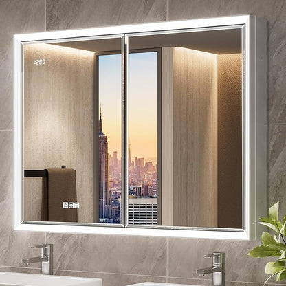 40x30 Beveled Lighted Medicine Cabinet with Mirror & Lights, Surface or Recessed Mirrored Medicine Cabinet with Outlet & Clock, Anti-Fog Dimmable LED Storage Cabinet, Built-in Sensor Light