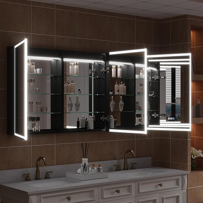 WELLFOR 60" X 30" LED Mirrored Medicine Cabinet, Medicine Cabinets with Lights for Bathroom, Defogging Function Mirror Cabinet, Bathroom Medicine Cabinet with USB Port & Outlet, Three Opening Doors