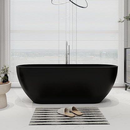 SJ STAR&JANE 67" Solid Surface Freestanding Bathtub Oval Stone Resin Soaking Tub Modern Stand Alone Tub with Overflow & Pop-up Drain, Matte Black for Bathrooms