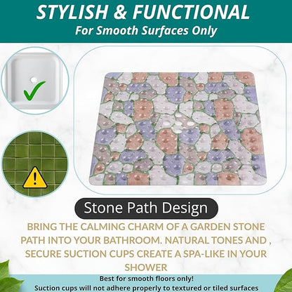 ENKOSI Square Shower Mat 21x21 inch - Anti Slip Shower Stall Floor Mat - Non Slip Shower Mats with Strong Secure Suction Cups and Drain Holes in Middle (21x21 Stone Path)