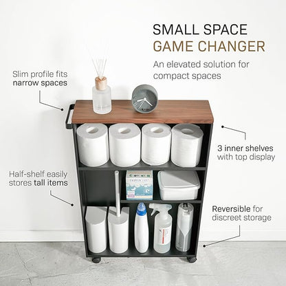 YAMAZAKI Home Slim Rolling Storage Cart – Narrow Bathroom Storage Cabinet with Handle, Slim Bathroom Storage Cart with Wheels, Easy Assembly, Steel + Wood, Black, 27" - Steel -