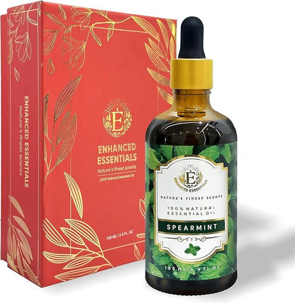 Luxurious Spearmint Essential Oil by Enhanced Essentials|with Dropper|Slow Distilled Essential Oils for Home,Skin Care,Aromatherapy,Bath,Massage,Gifting,Soap and Candle Making|3.38 fl oz (100 ml)