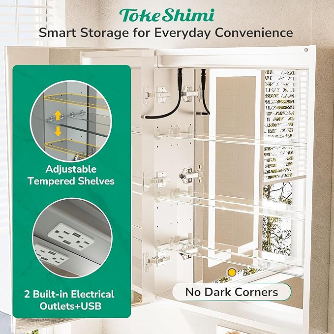 TokeShimi 30x26 Recessed Medicine Cabinet with Lights 3 Color Dimmable and Defogger, Led Medicine Cabinet Mirrored with Outlet Surface or Recessed, Bathroom Mirror with Storage Adjustable