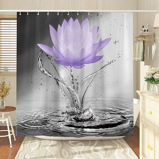 Lotus Shower Curtain Black White Grey Violet Flower Elegant Blooming Floral with Dew Spring Flower Reflection on Water Modern Romantic Polyester Fabric Bathroom Decor 60×70 Inch with Hook