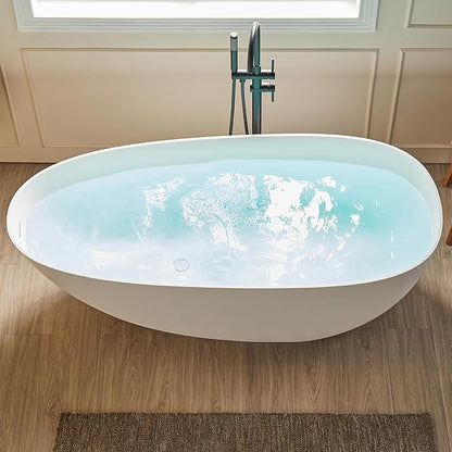 Cpingao 55" Stone Resin Freestanding Bathtub Contemporary Soaking Matte White Tub with Drain and Overflow, 8848-1400