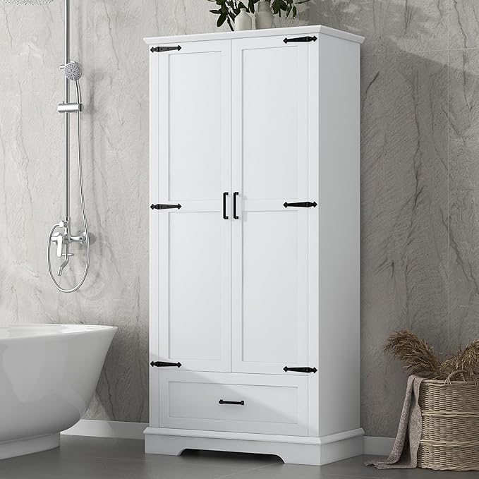 Favfurish 69" Tall Bathroom Storage Cabinet with Doors and Drawer,Modern Linen Cabinets w/Adjustable Shelf and Anti-Toppling Device,Freestanding Organizer for Bath Room,Study,Office,Kitchen White