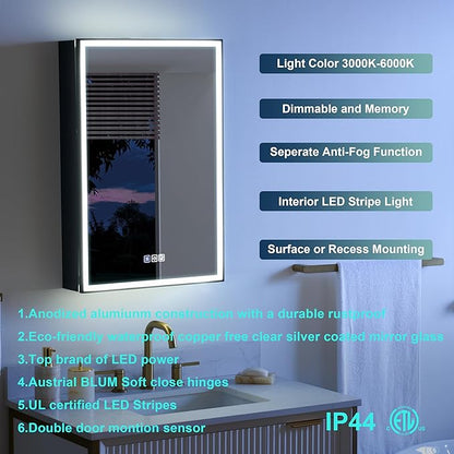 WELLFOR 20" X 30" LED Mirrored Medicine Cabinet, Medicine Cabinets with Lights for Bathroom, Defogging Function Mirror Cabinet, Bathroom Medicine Cabinet with USB Port & Outlet, Right Opening Doors