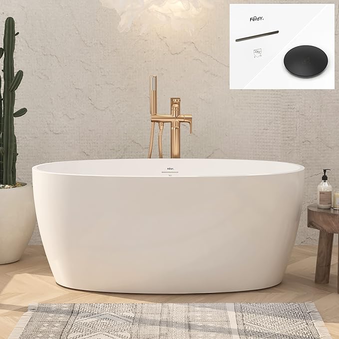 FerdY Tahiti 55" Acrylic Freestanding Bathtub, Elegant Oval Shape Soaking Bathtub, Glossy White, Matte Black Drain & Integrated Slotted Overflow Assembly Included cUPC Certified