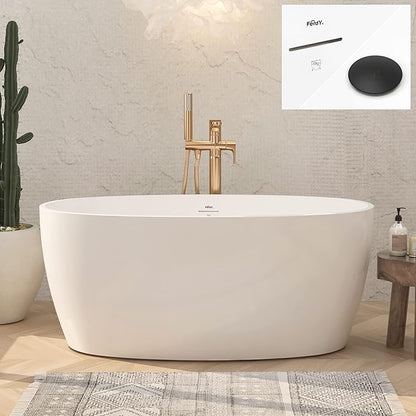 FerdY Tahiti 55" Acrylic Freestanding Bathtub, Elegant Oval Shape Soaking Bathtub, Glossy White, Matte Black Drain & Integrated Slotted Overflow Assembly Included cUPC Certified