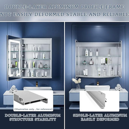 ExBrite LED Lighted Bathroom Medicine Cabinet with Mirror, 24 x 30 Inch, Recessed or Surface Mount, Anti-Fog, Stepless Dimming, Color Temperature Adjustment, 2 Outlets, Storage Shelves, Left Hinge