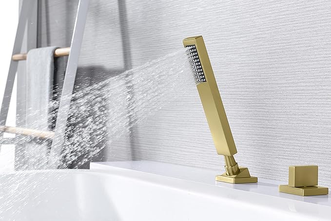 SUMERAIN Roman Tub Faucet Set 5 Holes Deck Mount Waterfall Bathtub Faucet with Handheld Shower Brushed Gold