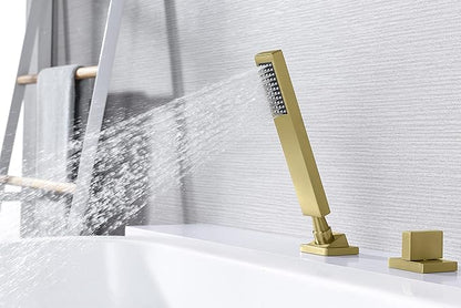 SUMERAIN Roman Tub Faucet Set 5 Holes Deck Mount Waterfall Bathtub Faucet with Handheld Shower Brushed Gold