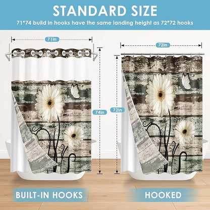 No Hook Vintage Flower Shower Curtain with Snap in Fabric Liner Set, Daisy Wooden Boards Double Layers Waterproof Fabric with See Through Top Window Open Grommet Bath Curtain 71x74 Inch