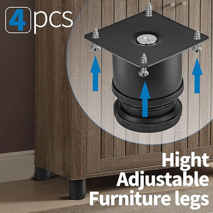 2.5 Inch Metal Furniture Legs Stainless Steel Adjustable Legs Black Metal Legs Round Cabinet Legs for Coffee Table Cabinet Desk Sofa Shelves, Pack of 4