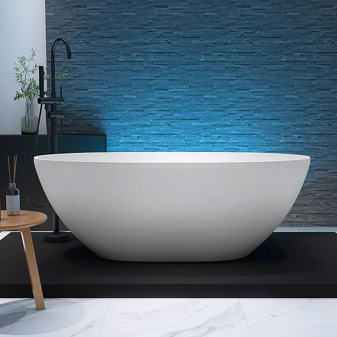 61'' Resin Stone Soaking Bathtub Oval Solid Surface Freestanding Soaking Bathtubs Matte White Soaking Tub with Overflow and Pop up Drain - White…