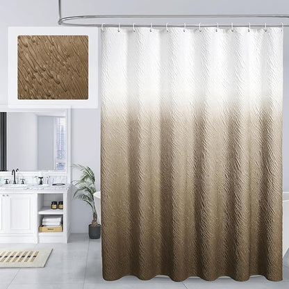 MitoVilla Brown Ombre Shower Curtain Set with Hooks, Waves Textured Fabric Shower Curtains for Modern Luxury Bathroom Decor, 3D Marble Geometric Embossed Cloth Bathroom Shower Curtain, 72 x 72