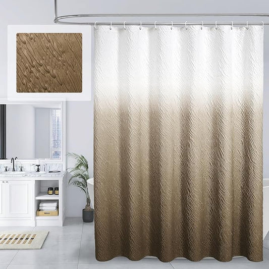 MitoVilla Brown Ombre Shower Curtain Set with Hooks, Waves Textured Fabric Shower Curtains for Modern Luxury Bathroom Decor, 3D Marble Geometric Embossed Cloth Bathroom Shower Curtain, 72 x 72