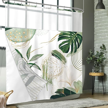 Sage Green Boho Shower Curtain 72Wx72H with Snap in Liner Mid Century Modern Abstract Gold Olive Tropical Palm Leaf Bathroom Decor Simple Geometric Bath Curtain Fabric Polyester 12 Pack Hooks