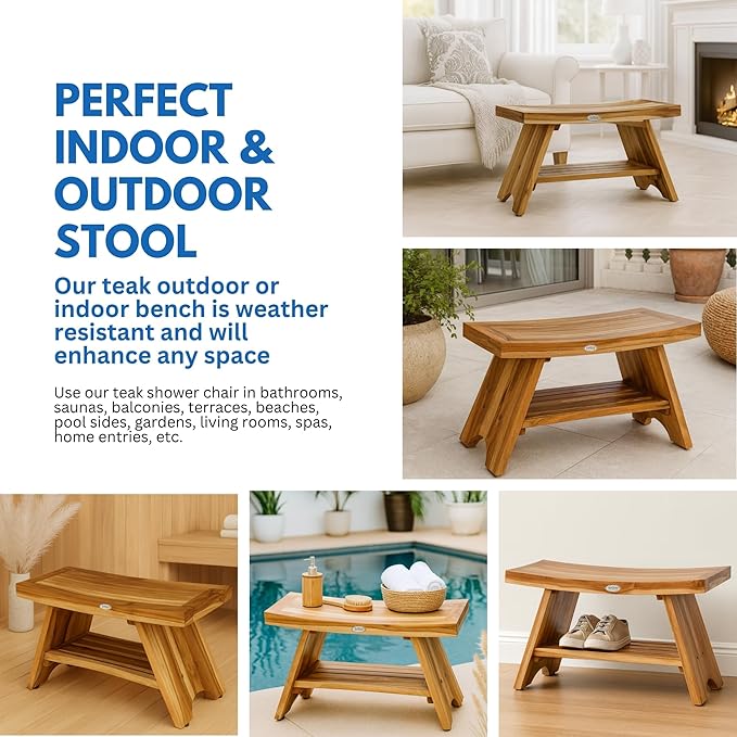 EcoDecors 30 Inch Serenity Teak Shower Bench – Waterproof Bathroom Seat with Large Storage Shelf For Adults & Seniors | Spa-Style Teak Wood Stool with Non-Slip Feet, Elegant Finish, 300 Pound Capacity