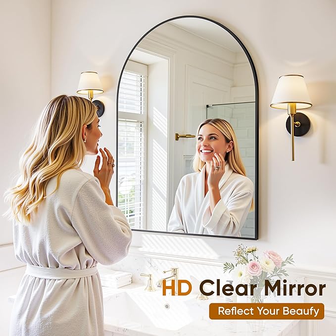 Arched Mirror 24"x36", Bathroom Mirror, Wall Mounted Vanity Mirror with Arch Metal Frame for Bathroom, Over Sink, Bedroom, Living Room, Flat Frame, Black