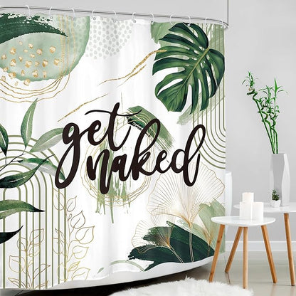 Green Boho Shower Curtain 72Wx72H Sage Green Golden Get Naked Abstract Minimalist Aesthetic Bohemian Bathroom Decor Modern Contemporary Plant Neutral Bath Curtain Fabric Polyester 12 Pack Hooks