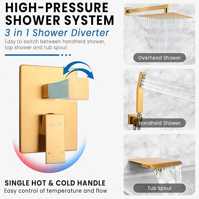 Wall Mounted Shower Faucet Set, Shower System with Tub Spout, 10 Inch Rainfall Shower Head with Handheld Spray, Waterfall Tub Spout Bathtub Faucet, Brushed Gold