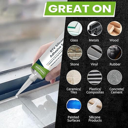 RTV Silicone Adhesive Sealant 100% Silicone Sealer All-Purpose Caulk Waterproof Stronger Adhesion, Shrink & Crack Proof Caulking for Car, Kitchen, Window, Bathroom, Door (Clear, 3.4 Fl. Oz.)