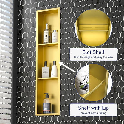 Stainless Steel Shower Niche 8"×36" with 3-Tier Shelve Gold No Tiled Needed Niche Shower for Wall Recessed Shower Shelf for Bathroom Storage