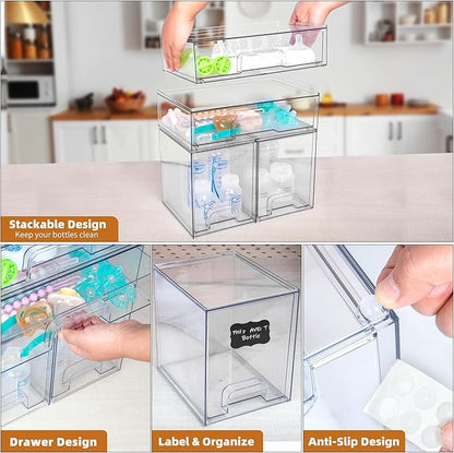 Baby Bottle Organizer, 5 Pack Stackable Storage Drawers with Labels, Clear Station Organizers Container for Pacifiers, Pump Parts, Desk Organizer Bins for Bathroom, Cabinet, Pantry, Vanity, Countertop