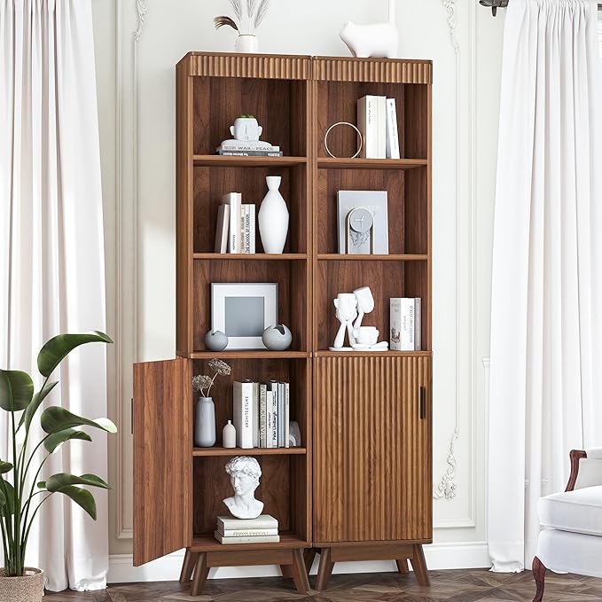 68" Tall Bathroom Storage Cabinet,Narrow Fluted Tower Cabinet with Door and Shelves,Slim Space Saving Storage Unit for Bathroom Kitchen Living Room (Walnut, 11.8" D x 15.75" W x 68" H)