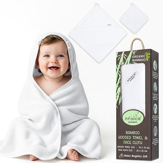 Bamboo Hooded Baby Towel with Face Cloth – 1 Hooded Towel (29x29 inches) & 1 Washcloth (9x9 inches) – Ultra Soft, Absorbent & Cozy Bath Set for Newborns and Infants