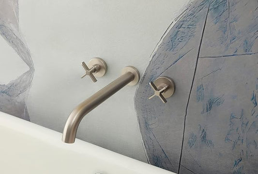 Wall Mount Tub Filler,Two Cross Handle Bathtub Faucet,Extra Long Spout Reach with High Water Flow,Brass Rough in Valve Included,Nickel Brushed