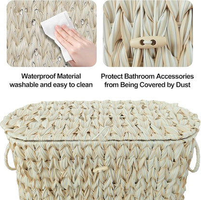 Toilet Paper Basket,Wicker Toilet Paper Storage with Lid,Decorative Boho Wicker Basket for Bathroom,Free Standing-Cream White