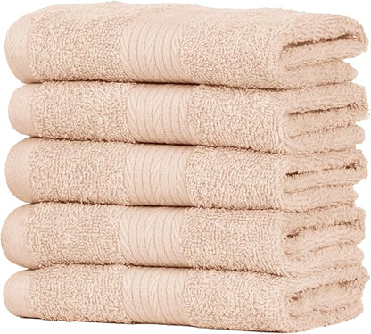 Ample Decor Washcloths Pack of 5 12 X 12 Inch, 600 GSM 100% Cotton Soft Absorbent, Premium Quality Durable Machine Washable, Ideal for Bathroom, Pool, Hotel, Spa – Beige