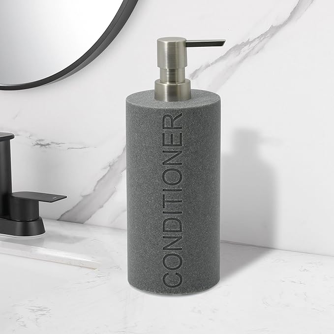 Resin Neutral Gray Sandstone Conditioner Engraved Bottle Refillable Pump Dispenser, Durable Waterproof Resin Construction for Bath, Shower - Gray Sandstone Satin Nickel Pump