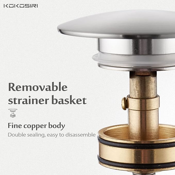 KOKOSIRI Bathroom Sink Drain with Detachable Hair Catcher, Brushed Nickel Pop Up Sink Drain with Strainer Basket Anti Clogging for Vanity Vessel Sink with Overflow, C1001BR