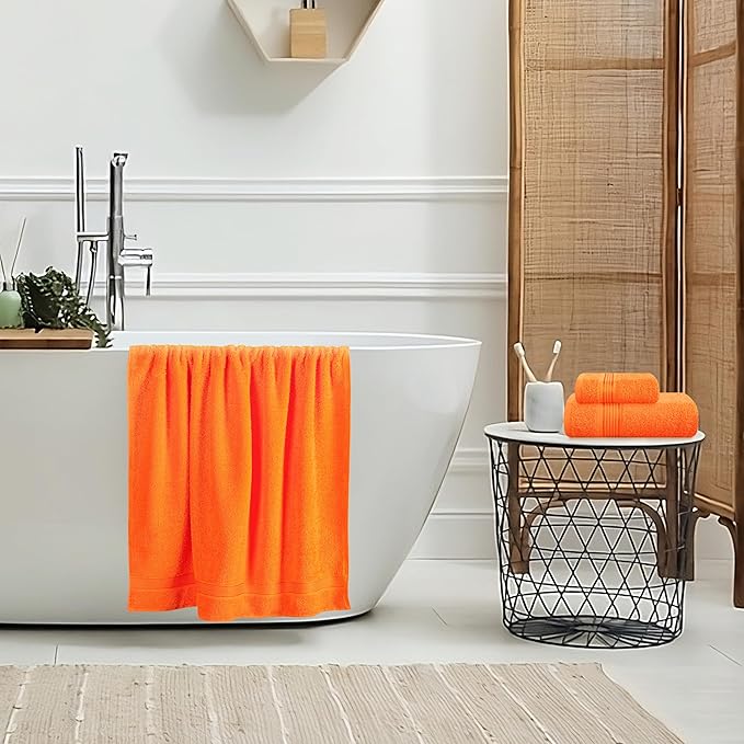 Belizzi Home Ultra Soft 3 Pack Cotton Towel Set, Contains a Bath Towel 28x55 inch, a Hand Towel 16x24 inch & a Wash Coth 12x12 inch, Ideal Everyday use, Compact & Lightweight - Orange