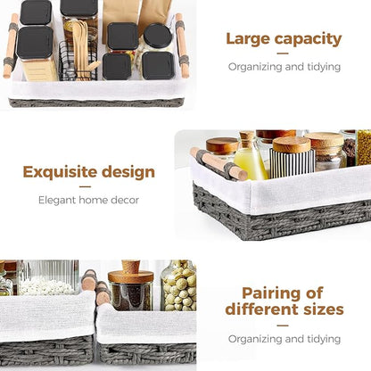 HomeHacks 2 Pack Storage Basket Paper Rope Baskets for Organizing with Handle Decorative Storage Bins for Countertop Toilet Paper Basket for Toilet Tank Top Large Baskets, Grey
